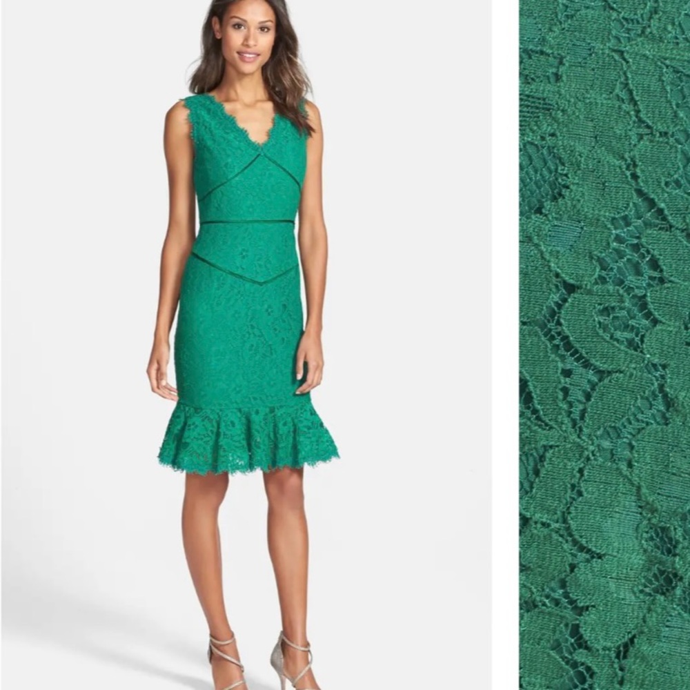 NUE by Shani Tulip Hem Sheath Green Lace Dress
